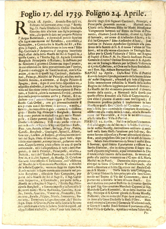 1739 Giornale di FOLIGNO n. 17 Sontuoso battesimo Maria Maddalena di GRAVINA