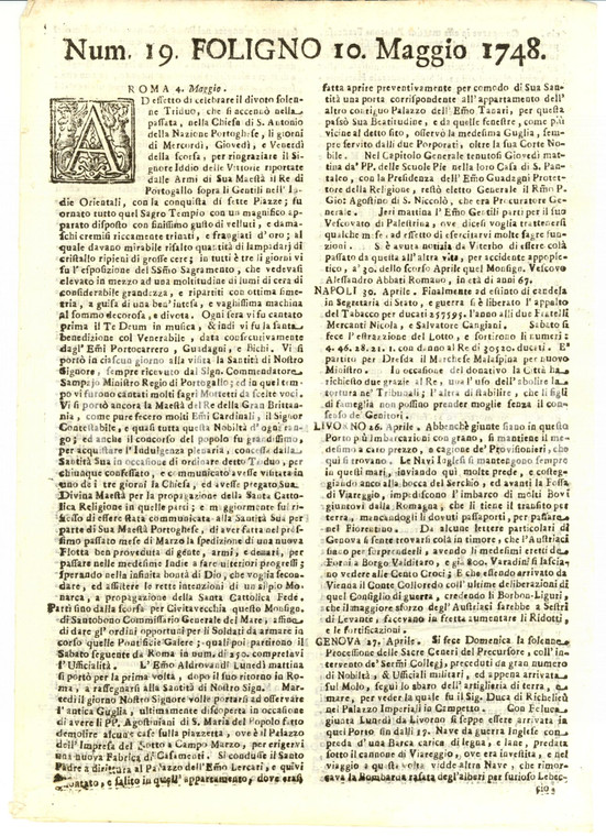 1748 Giornale di FOLIGNO n. 19 NAPOLI chiede abolizione della tortura