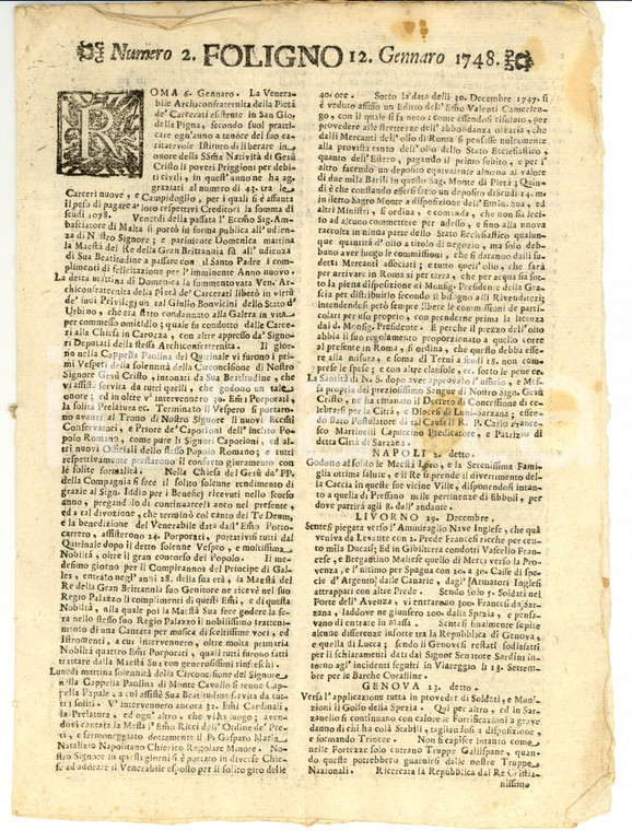1748 Giornale di FOLIGNO n. 2  Grazia all'omicida Giulio BONVICINI