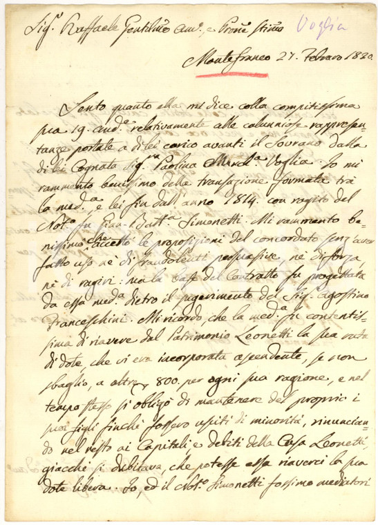 1820 MONTEFRANCO (TN) Giovanni RICCARDI difende Raffaele LEONETTI dalle calunnie