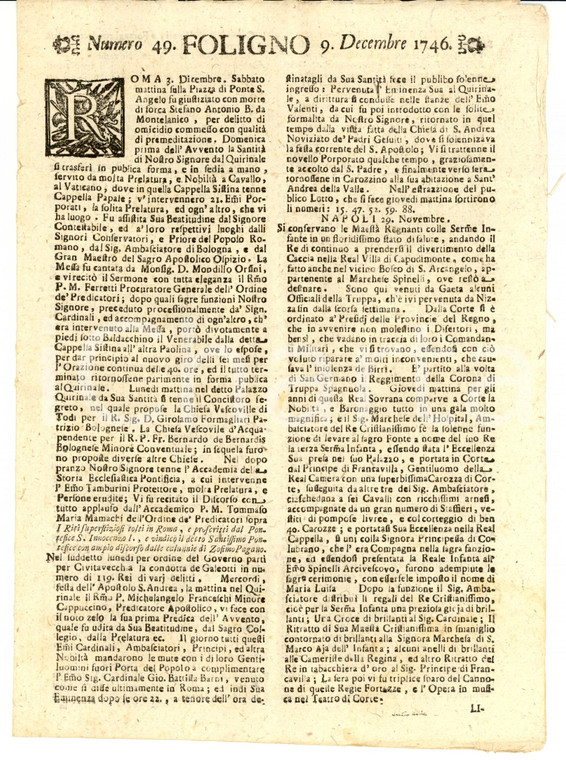 1746 Giornale di FOLIGNO n. 49 ROMA Omicida alla forca Piazza Sant'Angelo