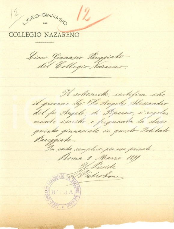 1899 ROMA Alessandro DE ANGELIS frequenta Liceo Ginnasio COLLEGIO NAZARENO