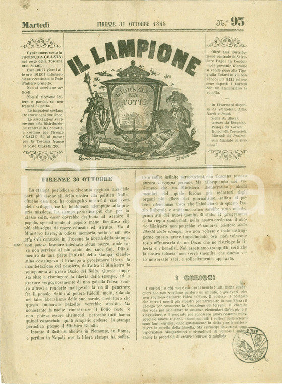 1848 FIRENZE Giornale IL LAMPIONE Limiti a libertà di stampa in TOSCANA Strappo