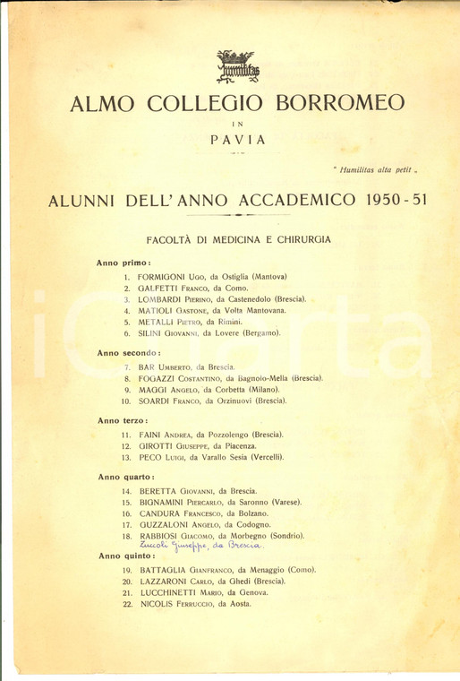 1951 PAVIA Almo Collegio BORROMEO - Elenco alunni anno accademico 1950-51