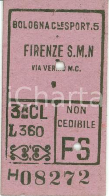 1949 FERROVIE DELLO STATO Biglietto ferroviario BOLOGNA - FIRENZE Terza classe