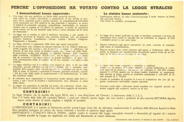 1951 TARANTO PROPAGANDA POLITICA PCI Decine contadini morti per Riforma Agraria