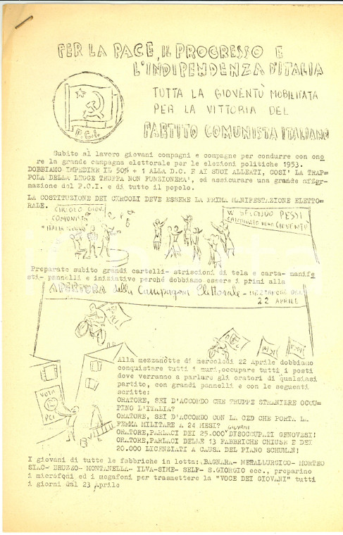 1953 GENOVA PROPAGANDA POLITICA PCI Giovani comunisti contro la DC ILLUSTRATO