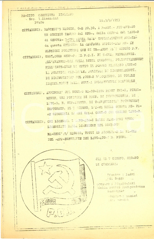 1953 PRATO PROPAGANDA POLITICA PCI all'avanguardia vs preti e padroni *Volantino