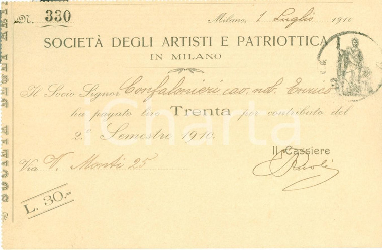 1910 MILANO Società degli Artisti e Patriottica ^Ricevuta a Enrico CONFALONIERI 