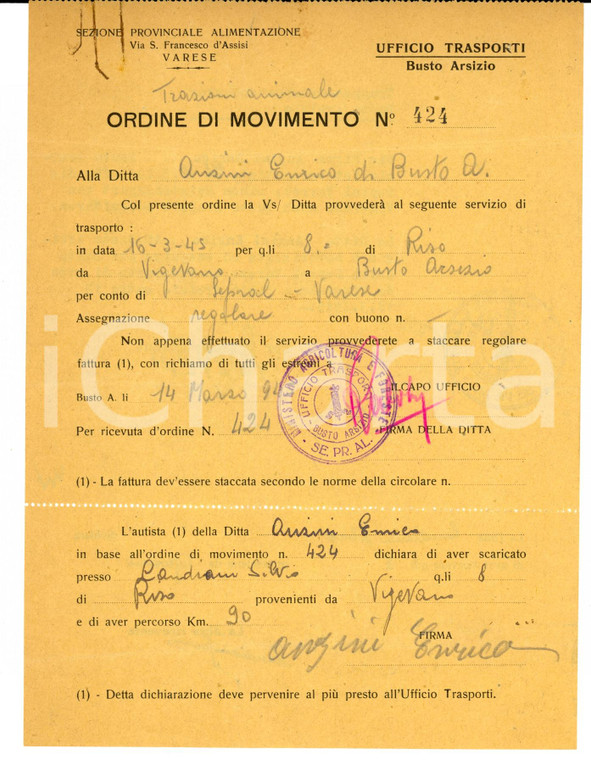 1945 RSI BUSTO ARSIZIO (VA) Trasporto di riso ditta ANZINI per SEPRAL Varese