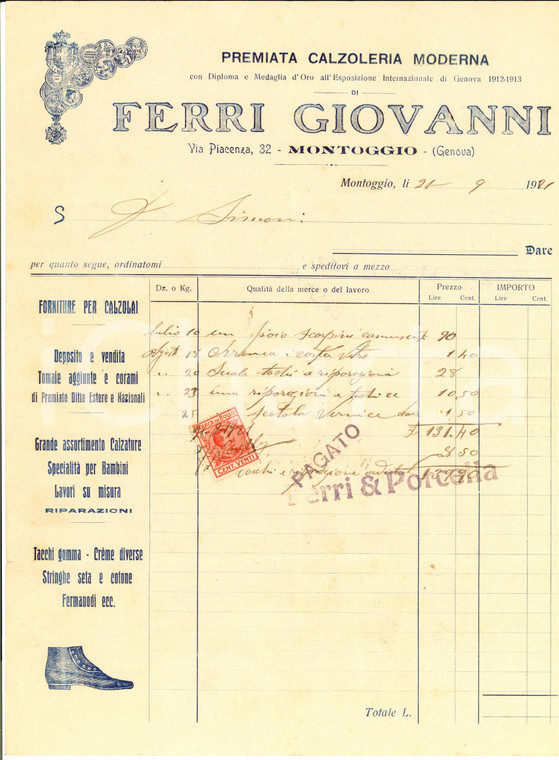 1921 MONTOGGIO (GE) Giovanni FERRI - Premiata calzoleria moderna *Fattura