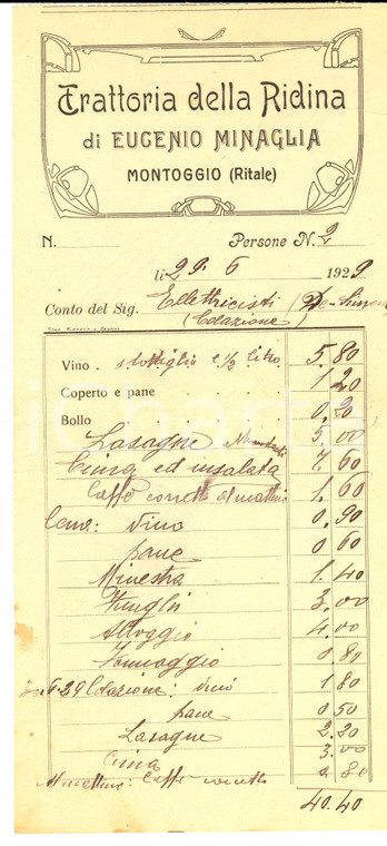 1929 MONTOGGIO (GE) Conto Trattoria della RIDINA di Eugenio MINAGLIA