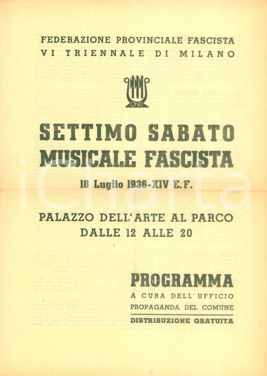 1936 MILANO Luigi CANTONI Settimo Sabato Musicale Fascista Programma