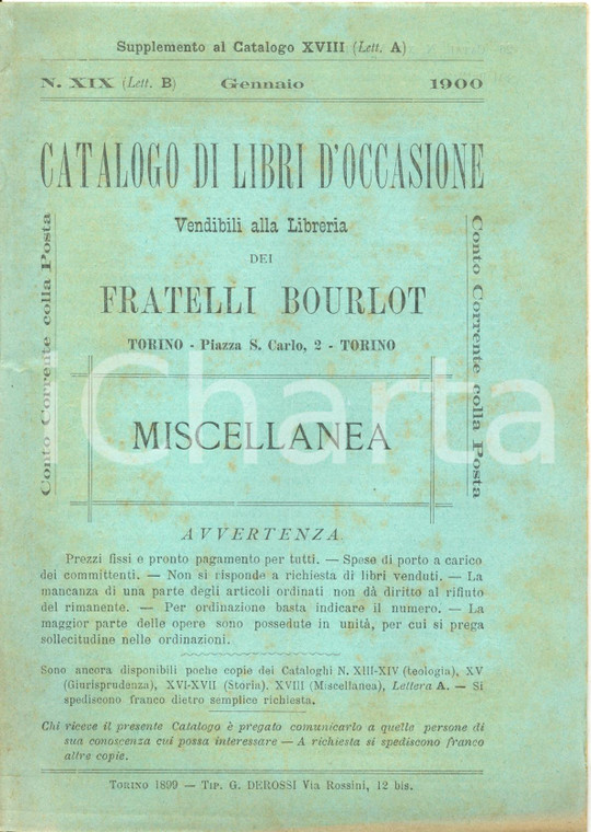 1900 TORINO Catalogo libreria FRATELLI BOURLOT Libri occasione n°XIX Miscellanea