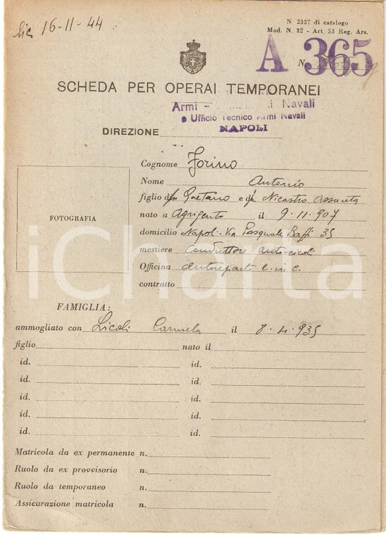 1944 AGRIGENTO Scheda Conduttore autoveicoli Antonio FORINO Officina autoreparto