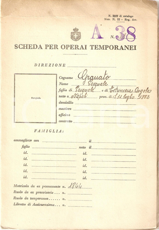 1923 NAPOLI Scheda Operaio congegnatore Pasquale GRANATO Armamenti Navali NAPOLI