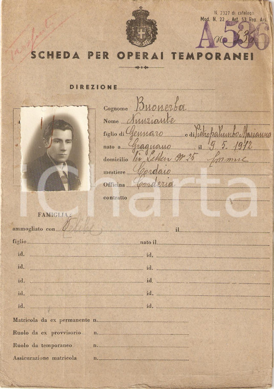 1940 GRAGNANO Scheda cordaio Nunziante BUONERBA Corderia CASTELLAMMARE DI STABIA