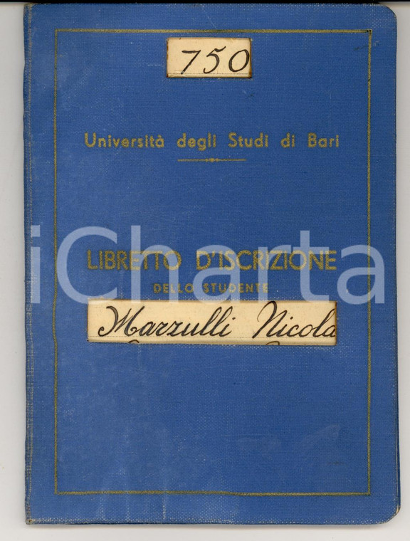 1954 Università di BARI Libretto studente Nicola MARZULLI Laurea in chimica