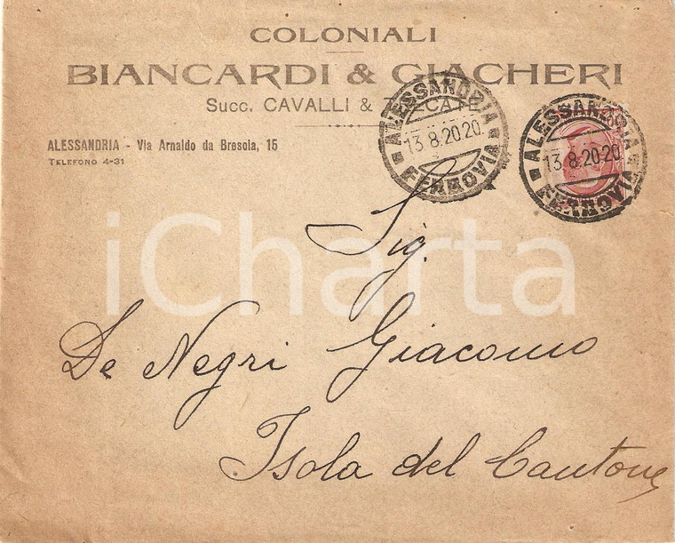 1920 ALESSANDRIA Coloniali BIANCARDI E GIACHERI *Busta VUOTA