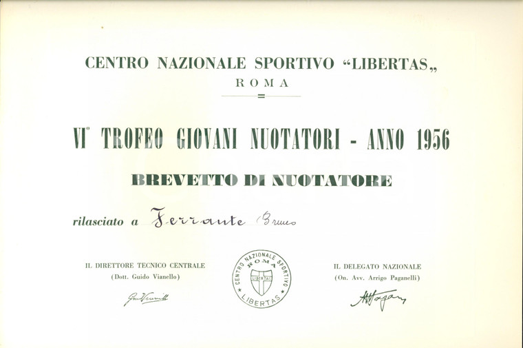 1956 ROMA Centro sportivo Libertas DC Trofeo nuotatori Brevetto Bruno FERRANTE