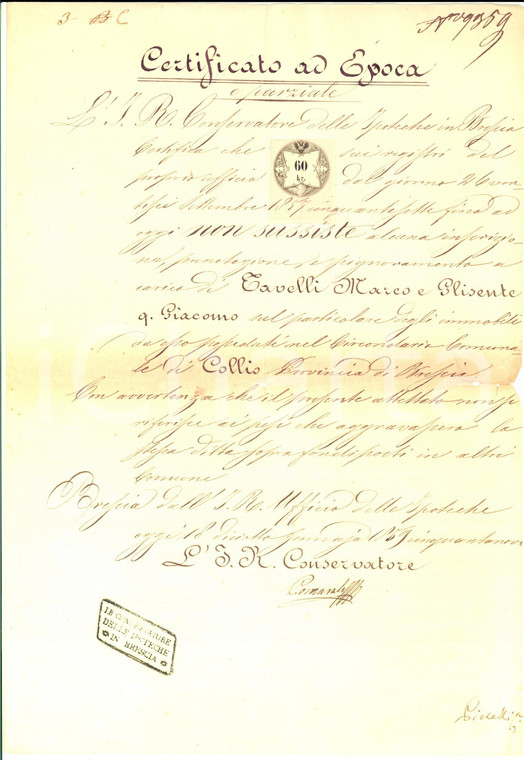 1859 COLLIO (BS) Iscrizioni su immobili di Marco e Glisente TAVELLI *Documento