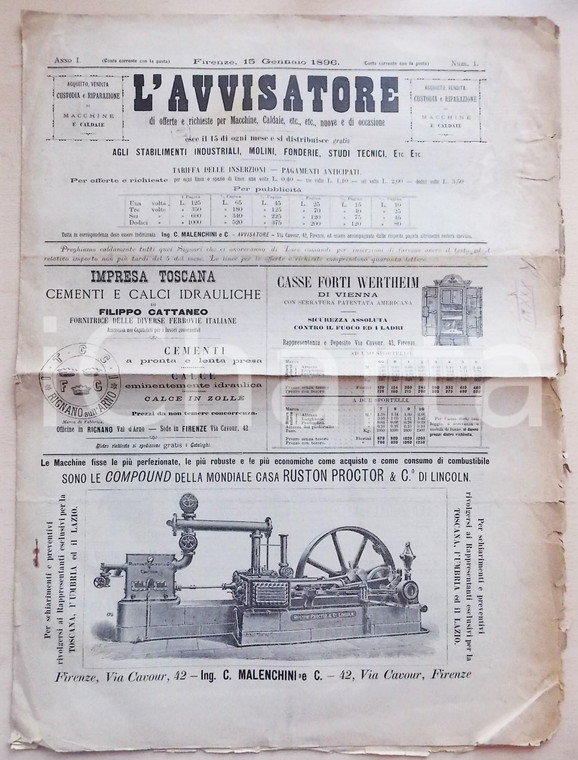 1896 FIRENZE Rivista L'AVVISATORE macchine caldaie fonderie ANNO I FASCICOLO I