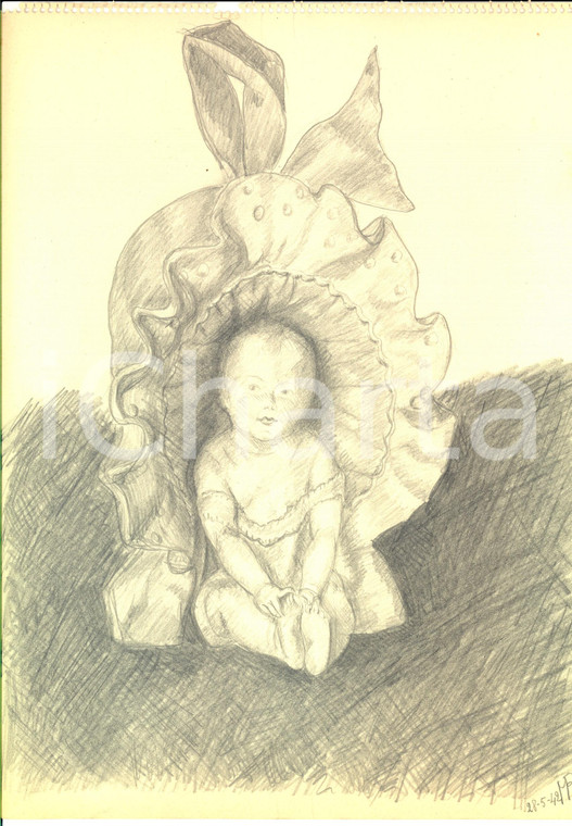 1942 ARTE Un bambino in una curiosa nicchia *Disegno a matita FIRMATO 23x31 cm