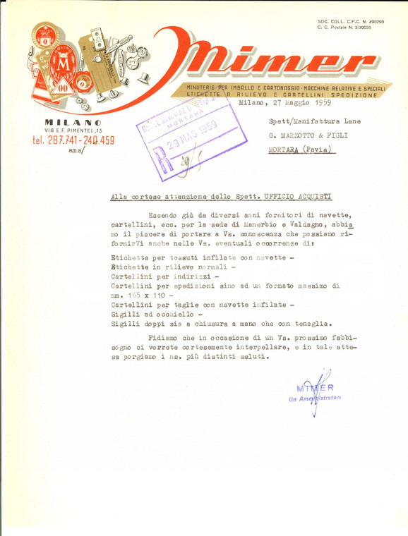 1959 MILANO Ditta MIMER Minuterie per imballo - Lettera commerciale