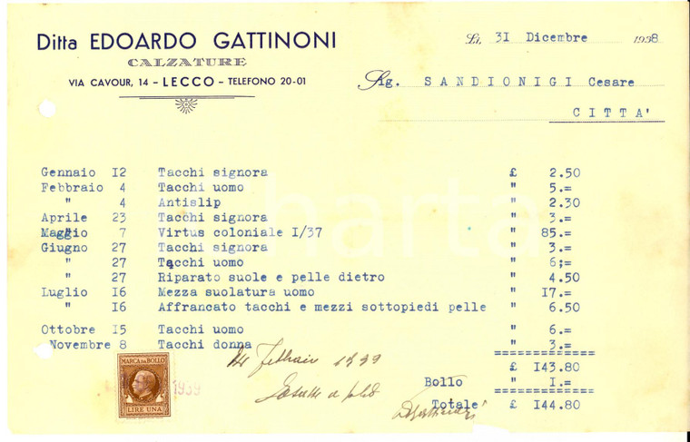 1938 LECCO via Cavour - Ditta Edoardo GATTINONI Calzature *Fattura intestata 