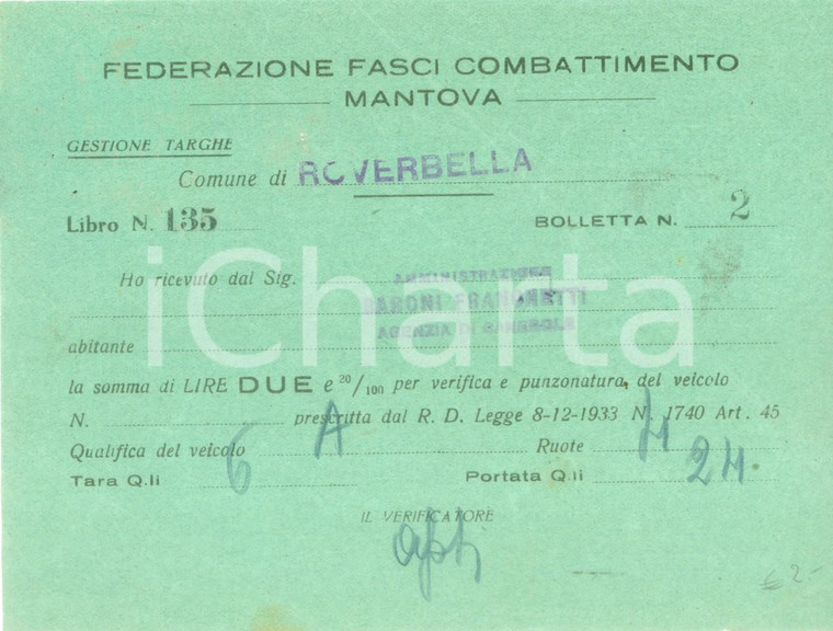 1935 ca ROVERBELLA (MN) Fasci di Combattimento Punzonatura veicolo *Ricevuta