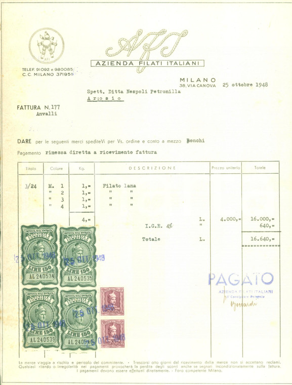 1948 MILANO Azienda Filati Italiani AFI *Fattura commerciale