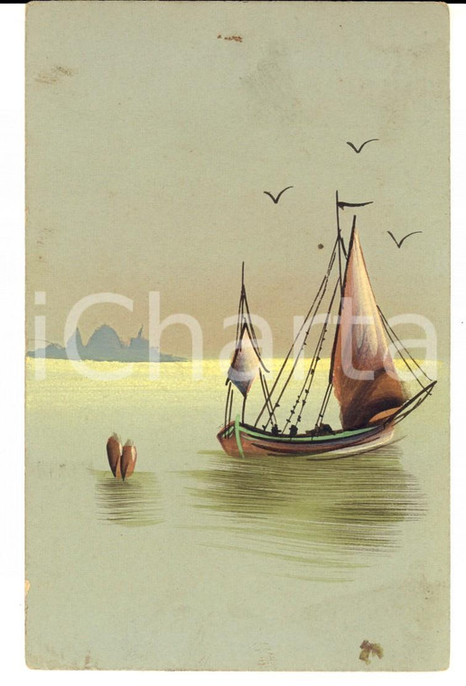 1920 ca FRANCIA Barca in navigazione al tramonto *Cartolina DIPINTA A MANO