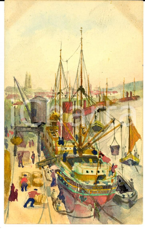 1915 ca FRANCIA Veliero all'imbarco in un porto *Cartolina DIPINTA A MANO