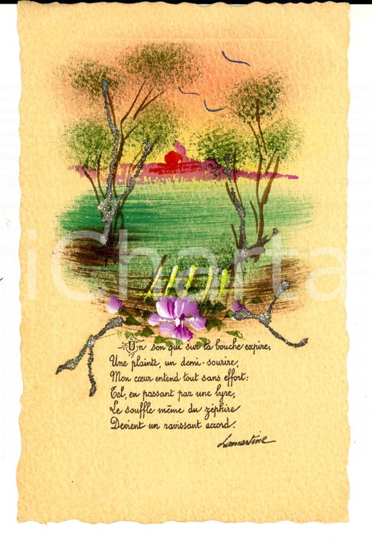 1920 ca FRANCIA Cartolina augurale con paesaggio di fantasia *COLORATA A MANO