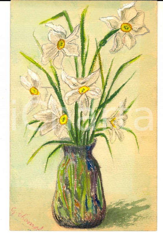 1910 ca FRANCIA G. THOMAS Vaso con fiori bianchi *Cartolina DIPINTA A MANO 