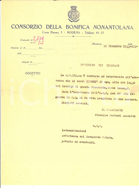 1933 MODENA Consorzio della Bonifica NONANTOLANA Lettera per adunanza