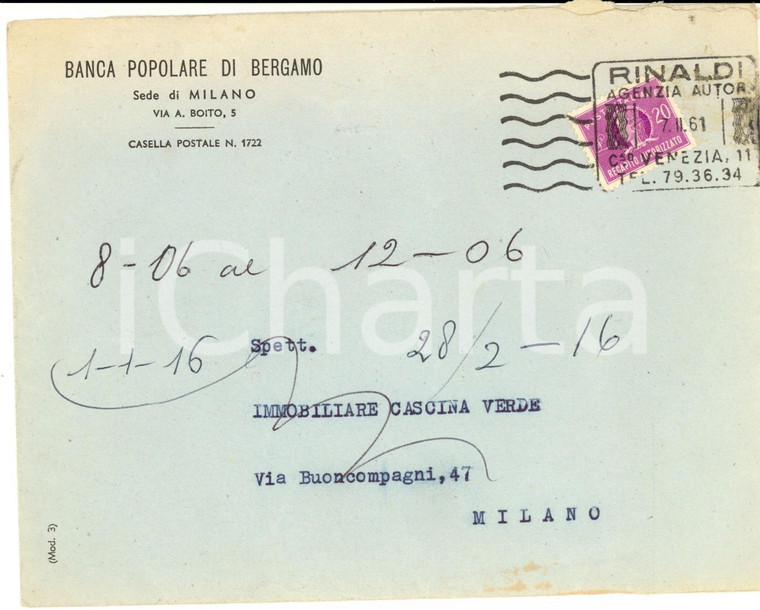 1961 STORIA POSTALE REPUBBLICA Busta affrancata L. 20 Recapito autorizzato