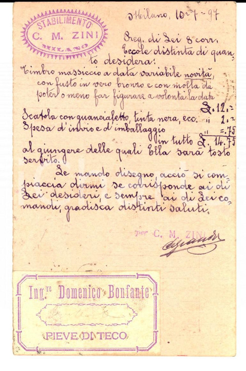 1897 MILANO Stabilimento ZINI Macchine tipografiche *Cartolina commerciale