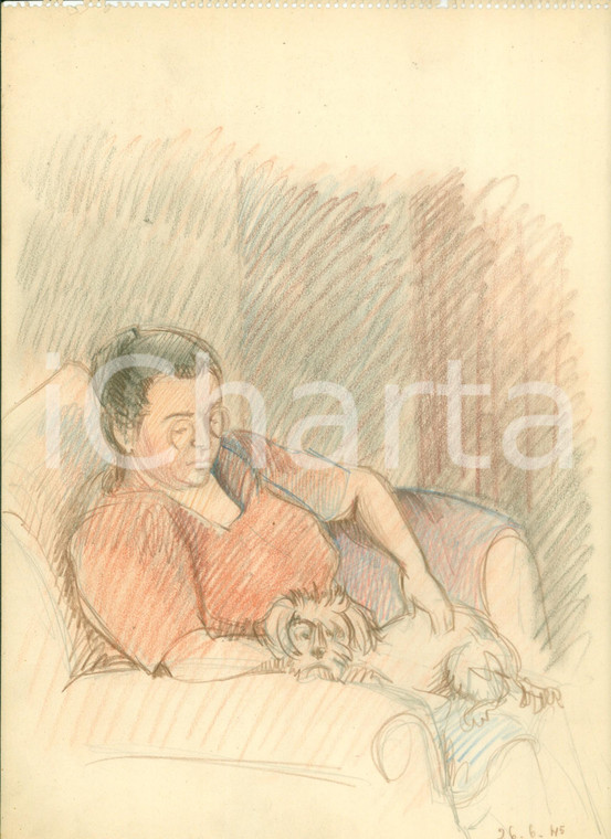 1945 Disegno originale pittrice Gianna RONCHI Donna con cagnolino *NON FIRMATO