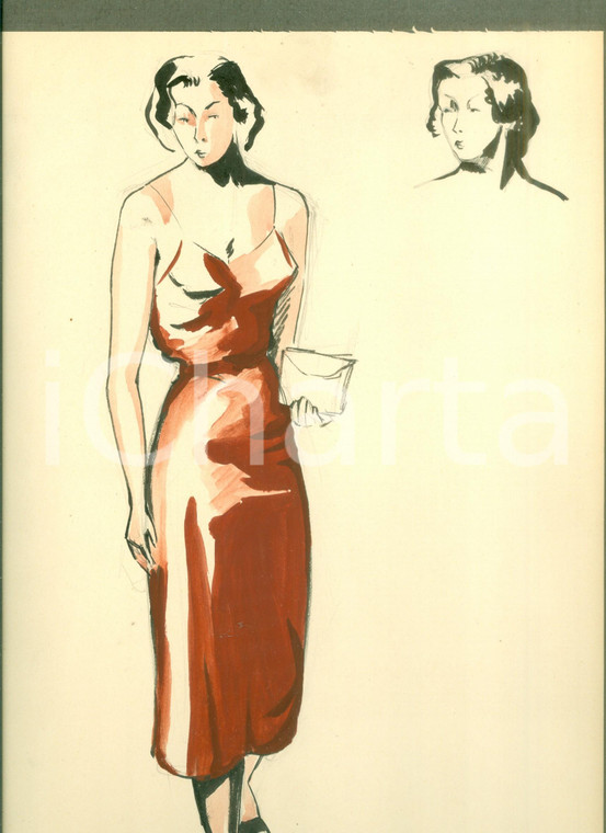 1951 MODA Disegno originale pittrice Gianna RONCHI Studio modella *AUTOGRAFO