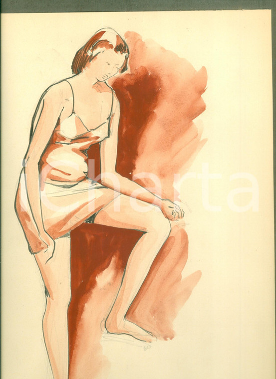 1951 MODA Disegno originale pittrice Gianna RONCHI Studio di modella AUTOGRAFO