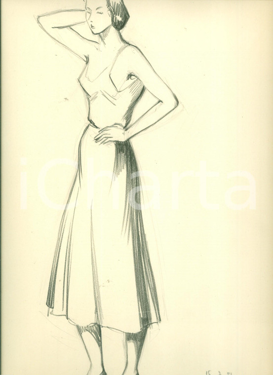 1951 MODA Disegno originale pittrice Gianna RONCHI Studio di modella *AUTOGRAFO