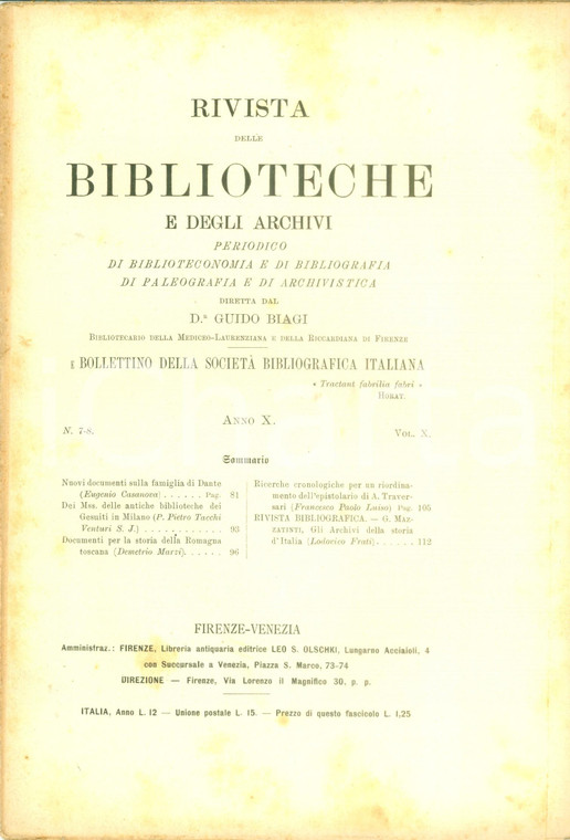1899 RIVISTA BIBLIOTECHE ARCHIVI Eugenio CASANOVA Nuovi documenti famiglia DANTE