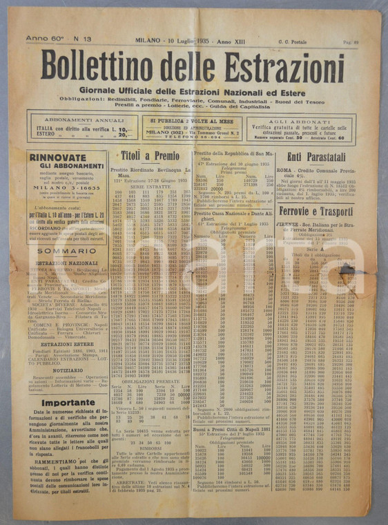 1935 MILANO Bollettino delle Estrazioni titoli obbligazioni *DANNEGGIATO