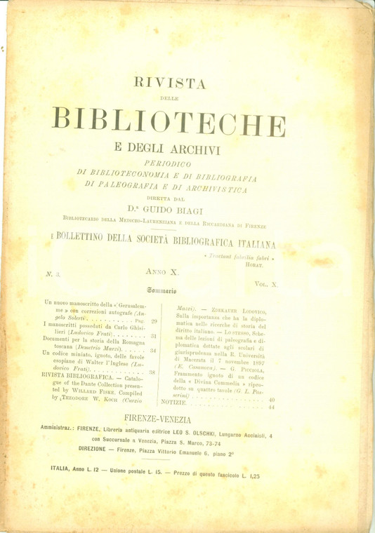 1899 RIVISTA BIBLIOTECHE ARCHIVI Manoscritti posseduti da Carlo GHISILIERI