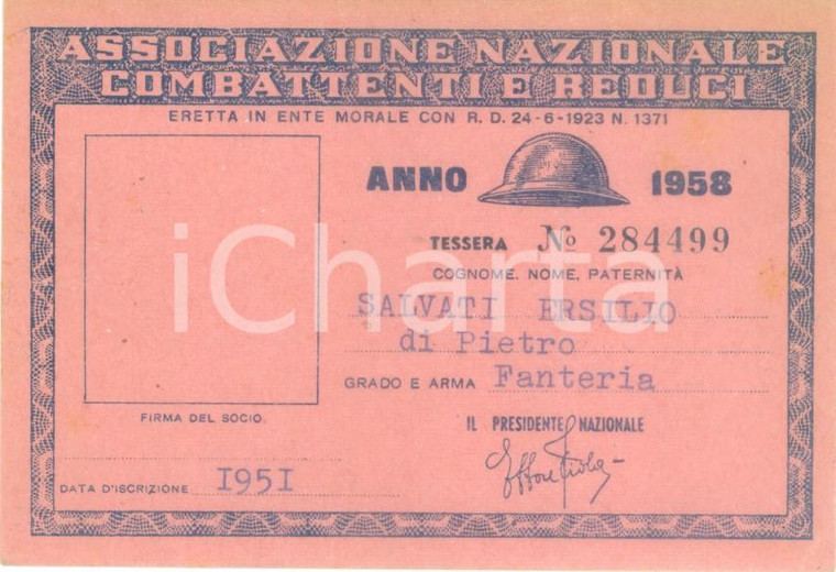 1958 COLLESCIPOLI Associazione Nazionale Combattenti Tessera Ersilio SALVATI