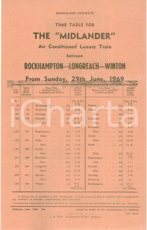 1969 AUSTRALIA QUEENSLAND RAILWAYS Tabella marcia treno THE MIDLANDER *Volantino