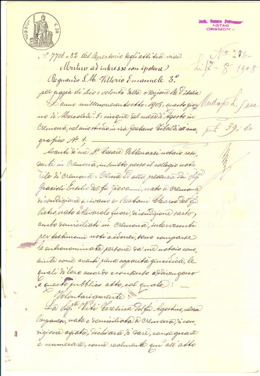 1908 CREMONA Contratto mutuo tra Teresina VITI e Rosa BEDUSCHI *Manoscritto