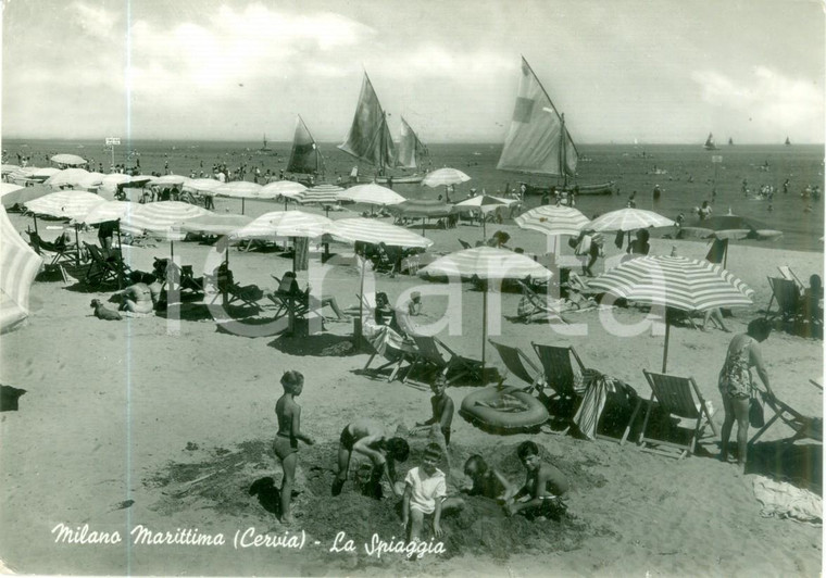 1953 CERVIA (RA) Bambini in spiaggia a MILANO MARITTIMA *Cartolina FG VG