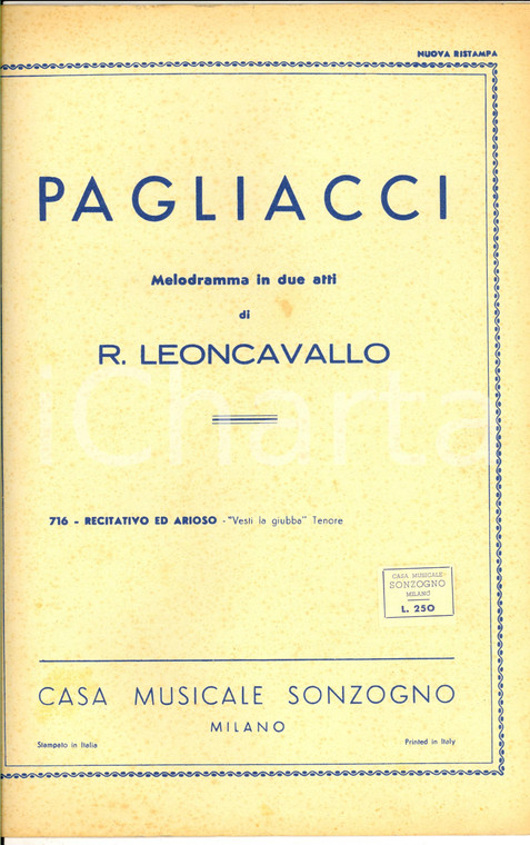 1955 R. LEONCAVALLO I pagliacci - Vesti la giubba *Spartito SONZOGNO